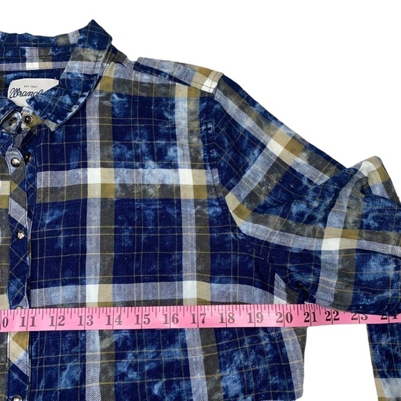 Wrangler Heritage Blue & Green Bleached Plaid Western Embroidered Shirt Top Sz L - Picture 7 of 8